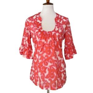 🍀Banana Republic Blouse Orange Pink Floral 3/4 Ruffle Sleeve Cotton Medium